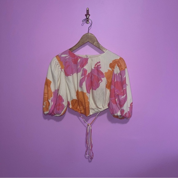 Sabo Bailee‎ Puff Top Women's Size Medium Solstice Pink Floral Wrap Tie NWOT - Picture 2 of 13